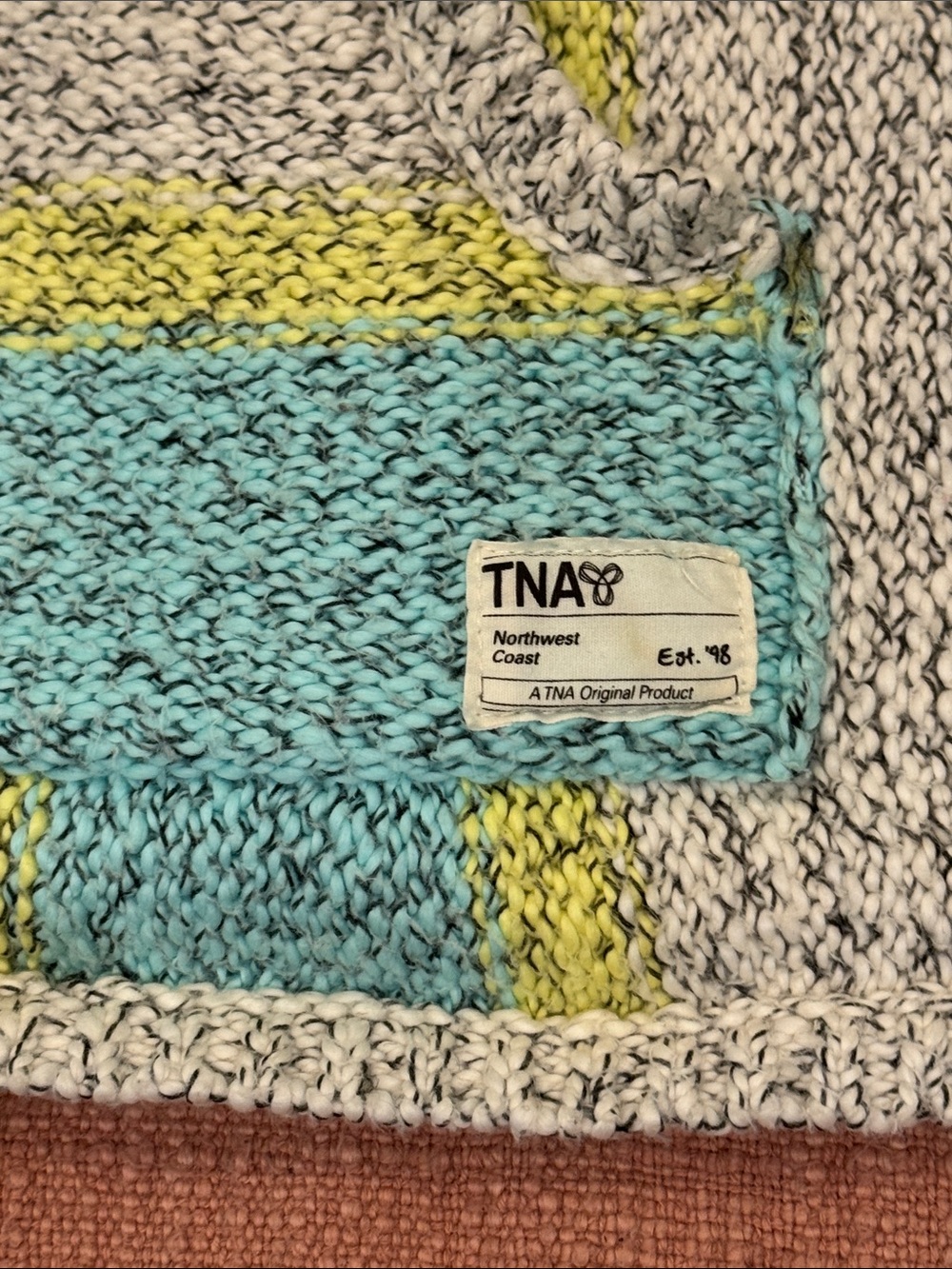 Large wm’s soft and cozy Hooded Striped Baja Sweater - Teal, Gray, Yellow - Picture 4 of 15